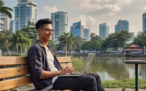 Ayoung man relaxes on a park bench with his laptop.