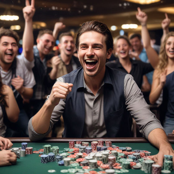 A poker player celebrating a win at a casino table, surrounded by chips and cheering fans.