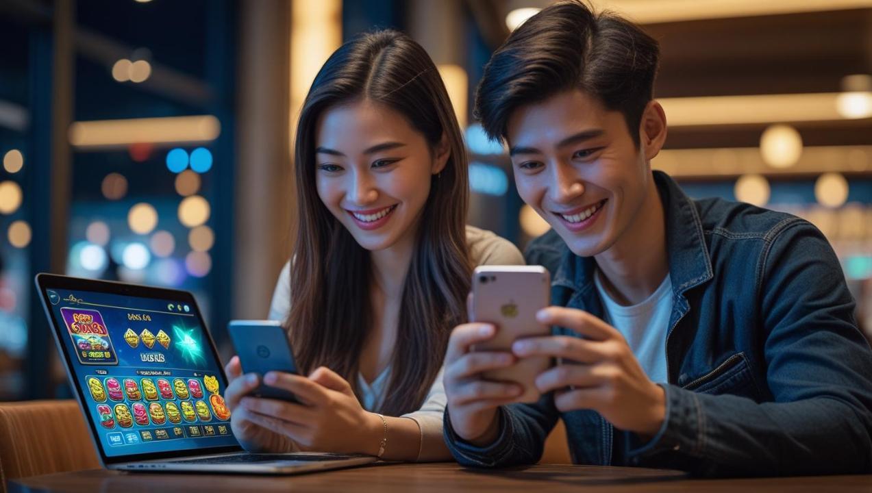 Two friends play mobile casino games at night in a cozy cafe.