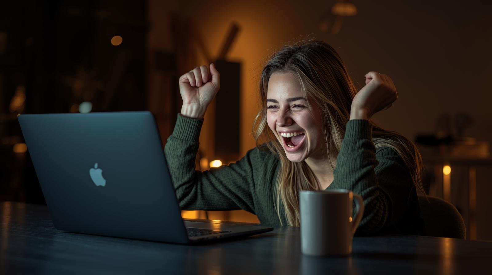 Happy person celebrating online betting win at laptop, blurred screen, cozy ambiance.