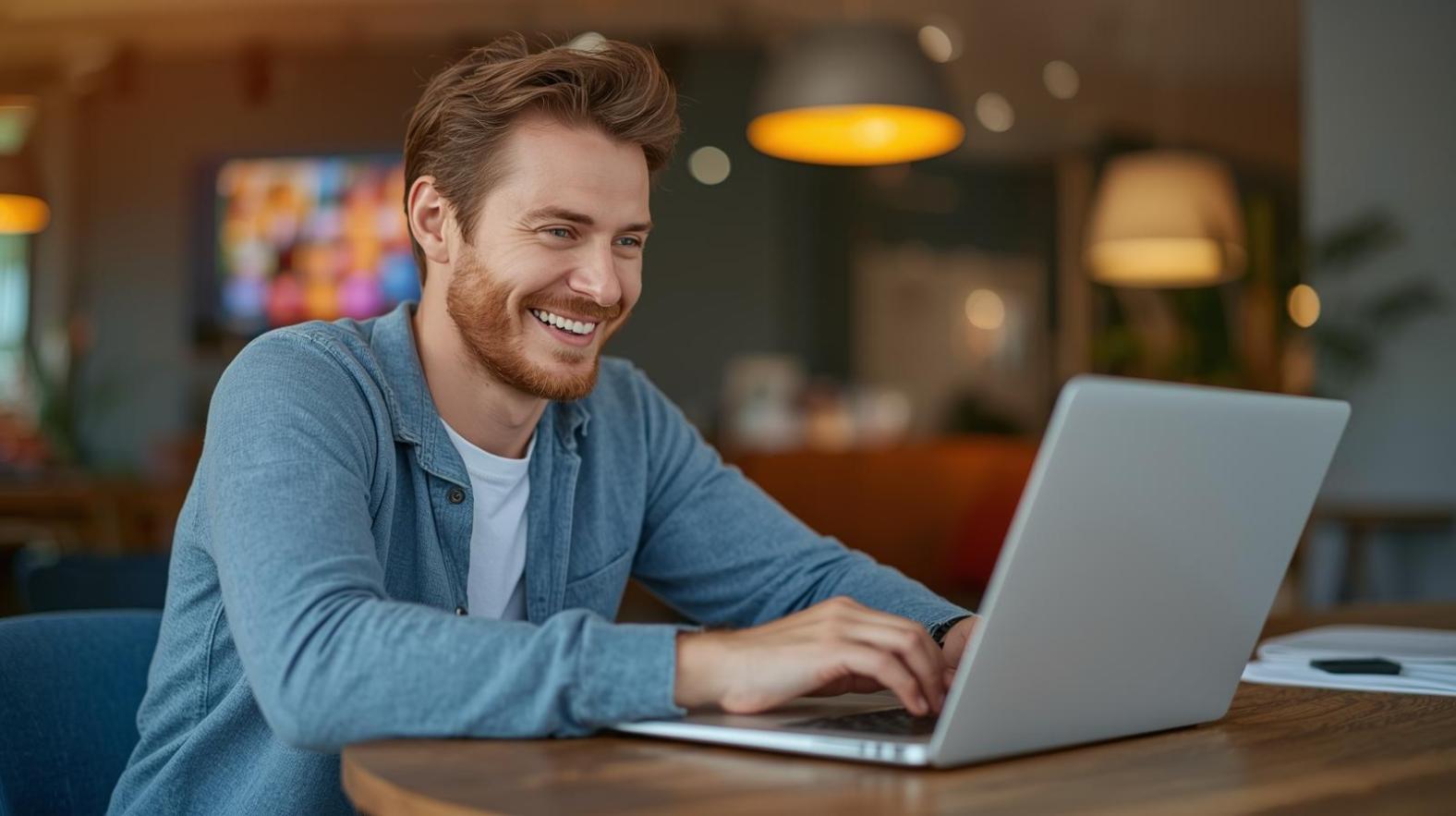 A smiling adult male play online slot machines on laptops in cozy lighting.