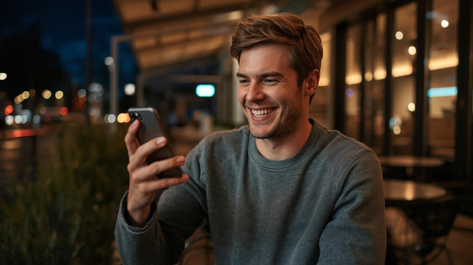 Smiling Korean man enjoying online casino game on smartphone outdoors at night.